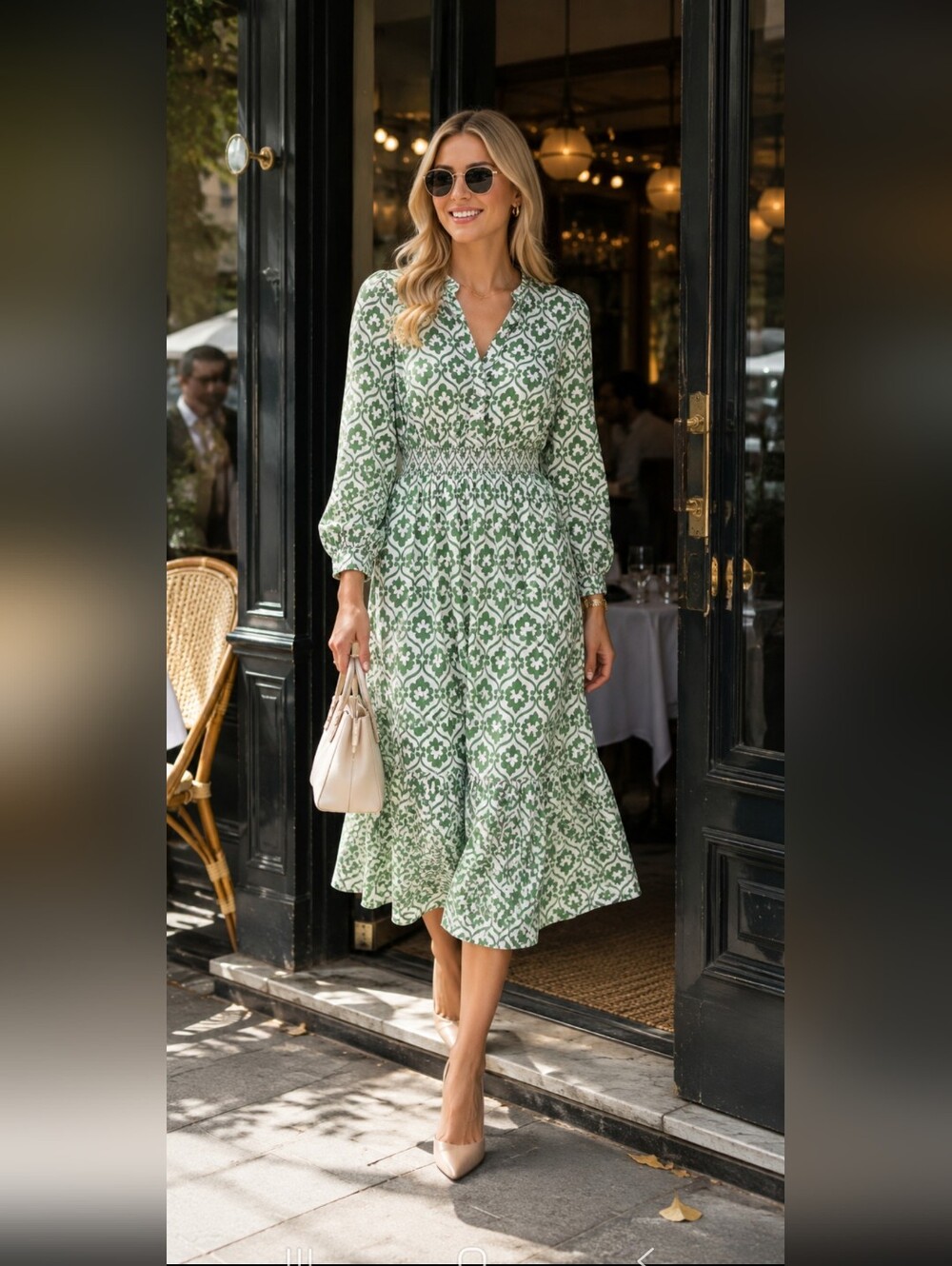 Boden‎ Tiered Green Printed Smocked Midi Dress